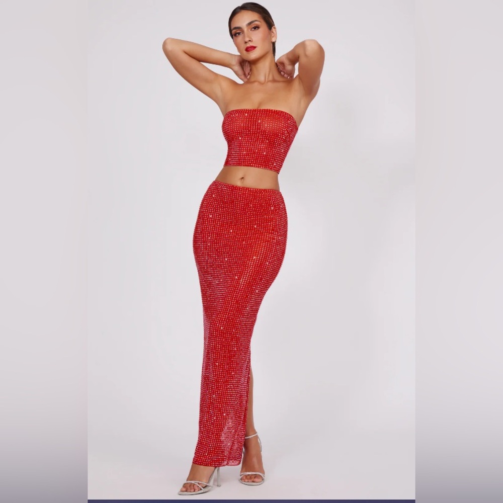Oh Polly Fausta Embellished Mid Rise Maxi Skirt in Fire Red - Brand new!